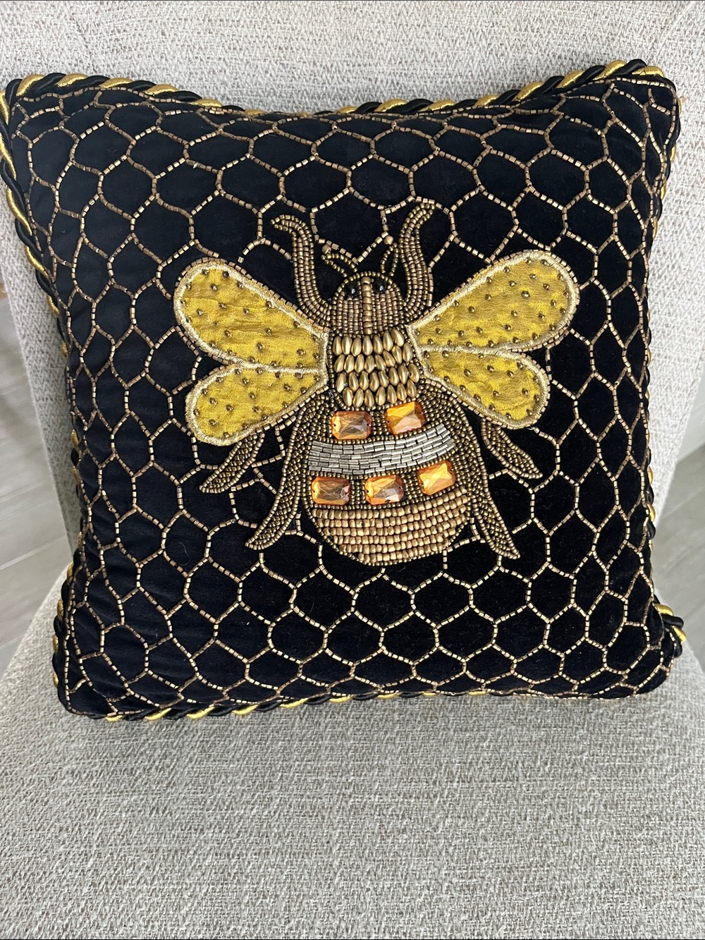 Mackenzie Childs Queen Bee pillow black throw pillow gold beads velvet square